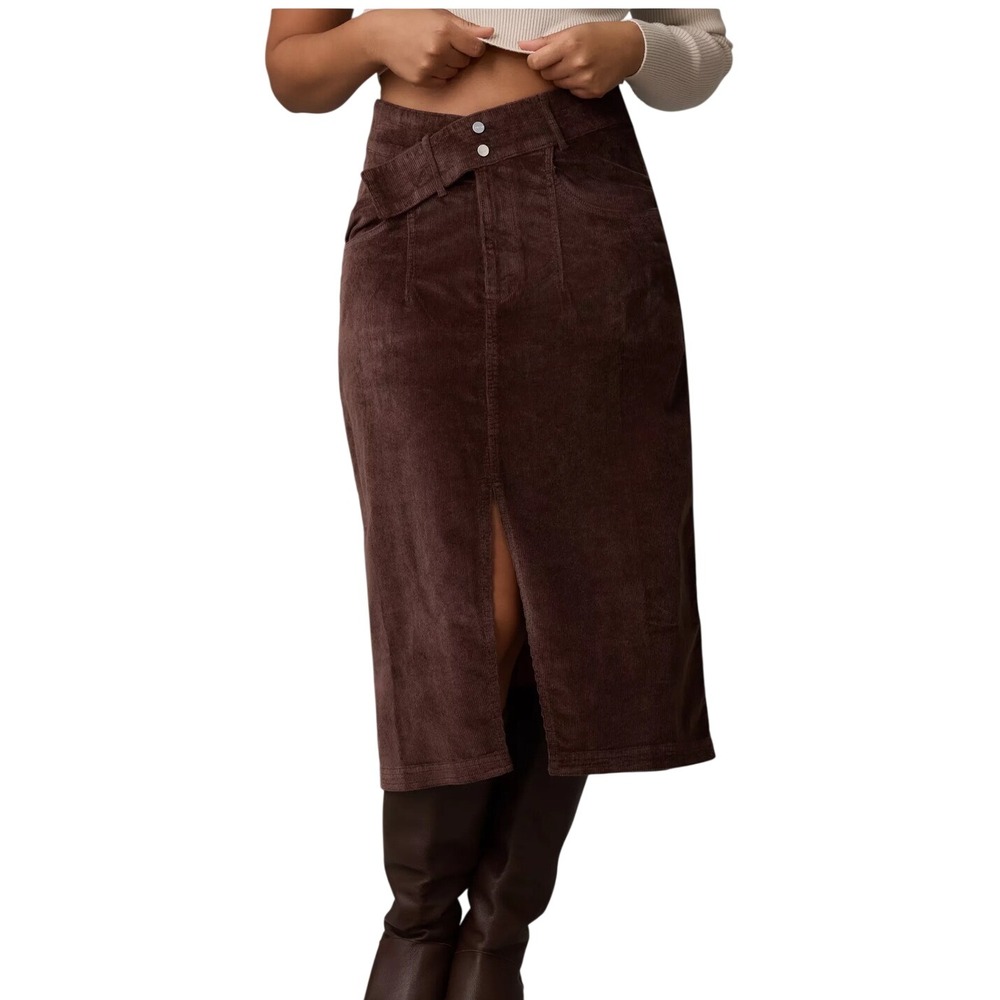 Pilcro Anthropologie Brown Corduroy Midi Skirt Double Waist Front Slit Size 2